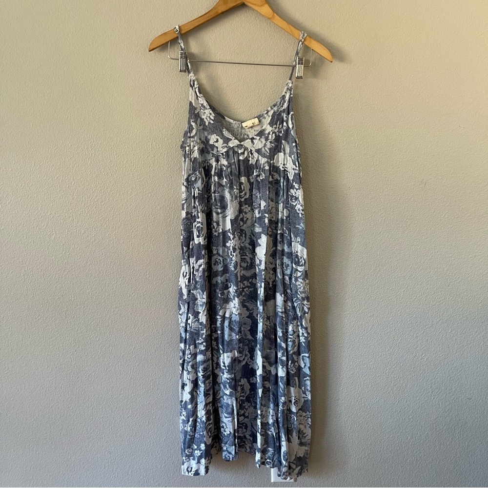 Tea Mints Babydoll Blue Roses Floral Spaghetti Strap Dress Size S
